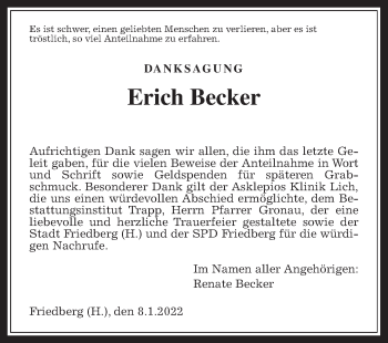 Traueranzeige von Erich Becker von Wetterauer Zeitung