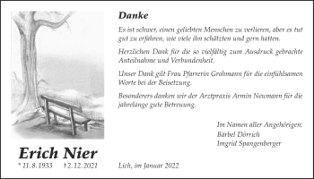 Traueranzeige von Erich Nier von Licher Wochenblatt
