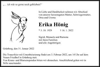 Traueranzeige von Erika Hönig von Giessener Allgemeine, Alsfelder Allgemeine