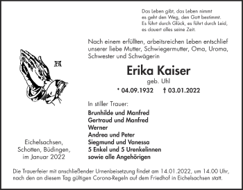 Traueranzeige von Erika Kaiser von Kreis-Anzeiger