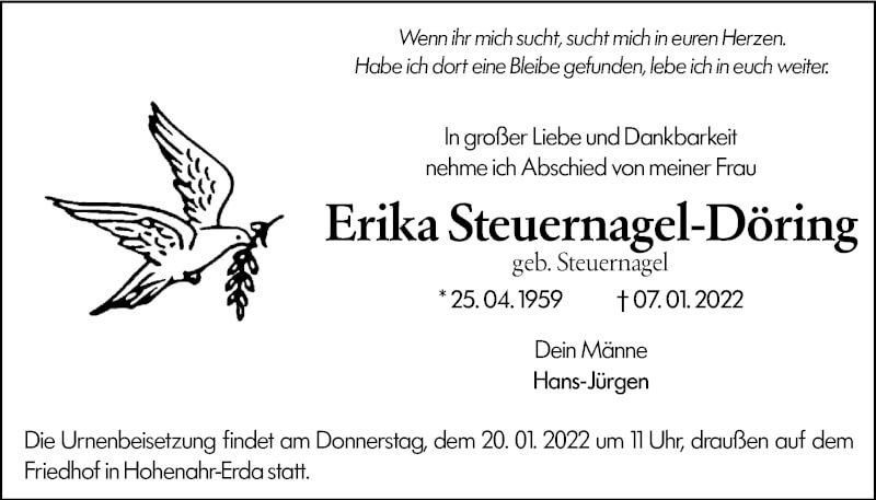  Traueranzeige für Erika Steuernagel-Döring vom 15.01.2022 aus Giessener Allgemeine, Alsfelder Allgemeine