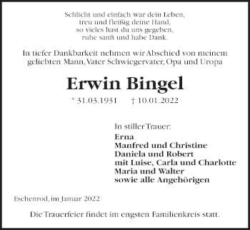 Traueranzeige von Erwin Bingel 