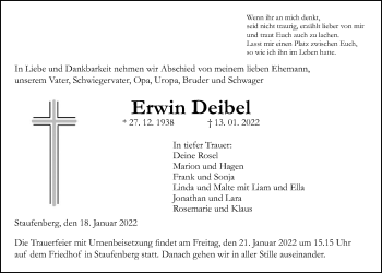 Traueranzeige von Erwin Deibel von Giessener Allgemeine, Alsfelder Allgemeine, Giessener Anzeiger
