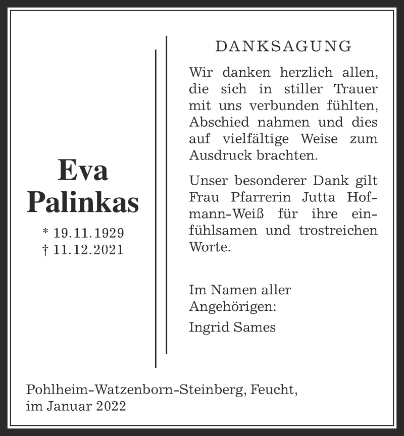  Traueranzeige für Eva Palinkas vom 13.01.2022 aus Pohlheimer Nachrichten