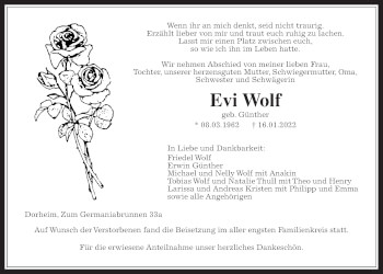 Traueranzeige von Evi Wolf von Wetterauer Zeitung