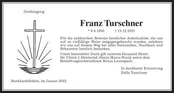 Traueranzeige von Franz Turschner von Giessener Allgemeine, Alsfelder Allgemeine, Giessener Anzeiger