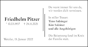 Traueranzeige von Friedhelm Pitzer von Giessener Allgemeine, Alsfelder Allgemeine