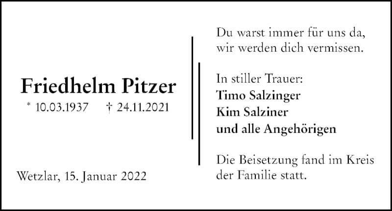  Traueranzeige für Friedhelm Pitzer vom 15.01.2022 aus Giessener Allgemeine, Alsfelder Allgemeine