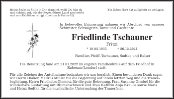 Traueranzeige von Friedlinde Tschauner von Rabenauer Zeitung, Allendorfer Mitteilungen