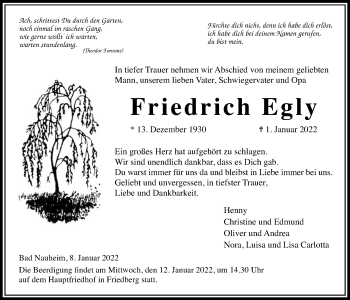 Traueranzeige von Friedrich Egly von Wetterauer Zeitung