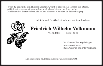 Traueranzeige von Friedrich Volkmann von Giessener Allgemeine, Alsfelder Allgemeine