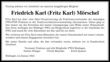 Traueranzeige von Friedrich Karl Mörschel von Kreis-Anzeiger