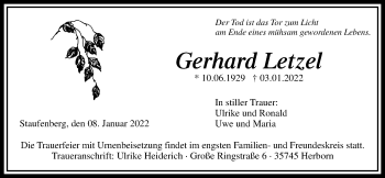Traueranzeige von Gerhard Letzel von Giessener Allgemeine, Alsfelder Allgemeine