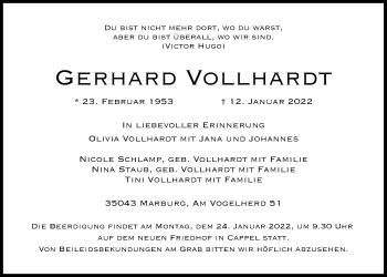 Traueranzeige von Gerhard Vollhardt von Giessener Allgemeine, Alsfelder Allgemeine, Giessener Anzeiger