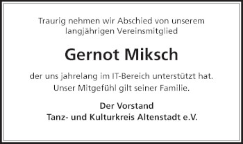 Traueranzeige von Gernot Miksch 