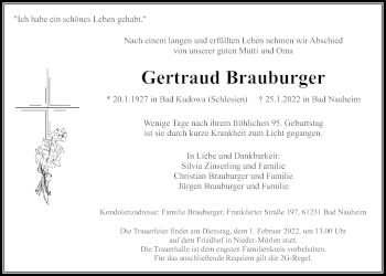 Traueranzeige von Gertraud Brauburger von Wetterauer Zeitung