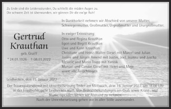 Traueranzeige von Gertrud Krauthan von Wetterauer Zeitung