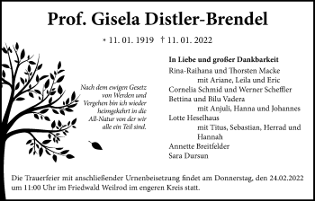 Traueranzeige von Gisela Distler-Brendel von Giessener Allgemeine, Alsfelder Allgemeine, Pohlheimer Nachrichten