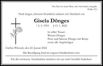 Traueranzeige von Gisela Dönges von Giessener Allgemeine, Alsfelder Allgemeine