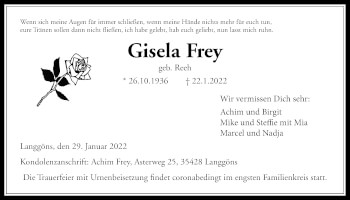 Traueranzeige von Gisela Frey von Giessener Allgemeine, Alsfelder Allgemeine
