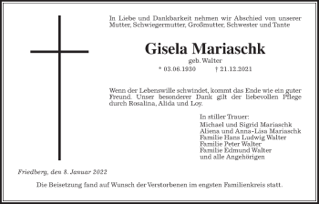 Traueranzeige von Gisela Mariaschk von Wetterauer Zeitung