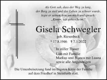 Traueranzeige von Gisela Schwegler von Wetterauer Zeitung