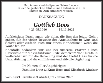 Traueranzeige von Gottlieb Boos von Kreis-Anzeiger