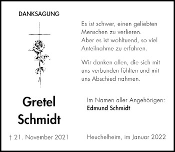 Traueranzeige von Gretel Schmidt von Giessener Allgemeine, Alsfelder Allgemeine