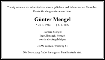 Traueranzeige von Günter Mengel von Giessener Allgemeine, Alsfelder Allgemeine, Giessener Anzeiger