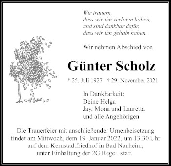 Traueranzeige von Günter Scholz von Wetterauer Zeitung