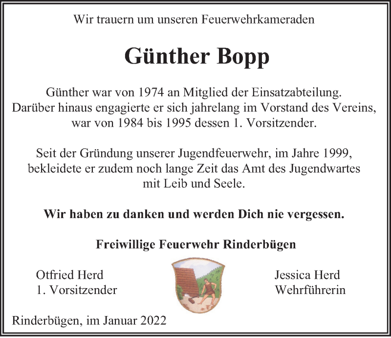 Anzeige von  Günther Bopp