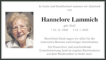 Traueranzeige von Hannelore Lammich von Wetterauer Zeitung