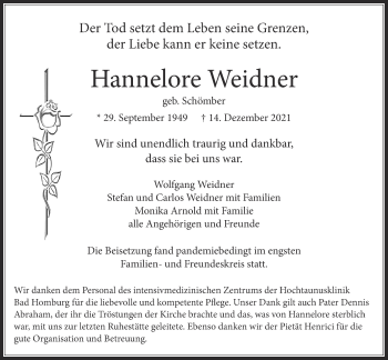 Traueranzeige von Hannelore Weidner von Usinger Anzeiger