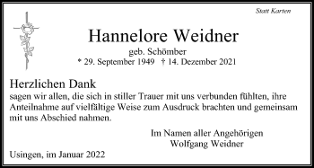 Traueranzeige von Hannelore Weidner von Usinger Anzeiger