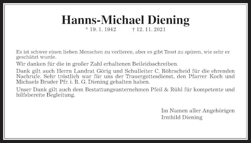  Traueranzeige für Hanns-Michael Diening vom 15.01.2022 aus Alsfelder Allgemeine