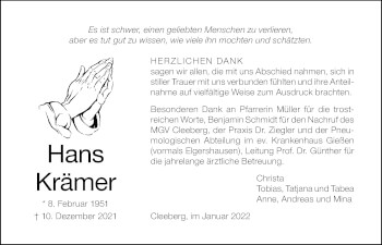 Traueranzeige von Hans Krämer von Giessener Allgemeine, Alsfelder Allgemeine