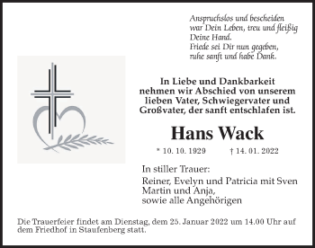 Traueranzeige von Hans Wack von Giessener Allgemeine, Alsfelder Allgemeine, Giessener Anzeiger