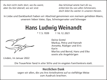 Traueranzeige von Hans Ludwig Weinandt von Giessener Allgemeine, Alsfelder Allgemeine, Giessener Anzeiger