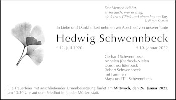 Traueranzeige von Hedwig Schwennbeck von Wetterauer Zeitung
