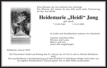 Traueranzeige von Heidemarie Jung von Giessener Allgemeine, Alsfelder Allgemeine