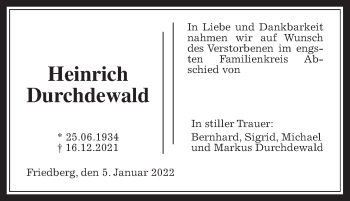 Traueranzeige von Heinrich Durchdewald von Wetterauer Zeitung