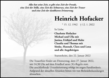 Traueranzeige von Heinrich Hofacker von Wetterauer Zeitung