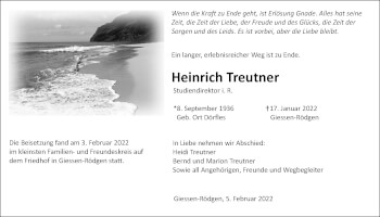 Traueranzeige von Heinrich Treutner von Giessener Allgemeine, Alsfelder Allgemeine