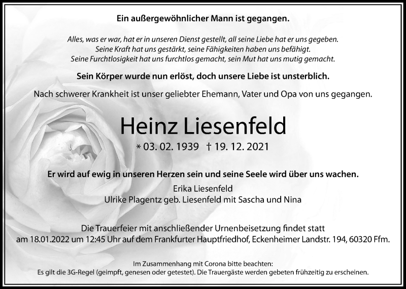  Traueranzeige für Heinz Liesenfeld vom 13.01.2022 aus Pohlheimer Nachrichten, Bad Vilbeler Anzeiger, Karbener Zeitung
