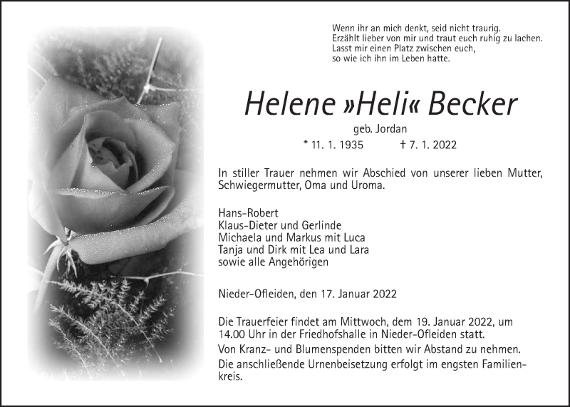  Traueranzeige für Helene Becker vom 17.01.2022 aus Alsfelder Allgemeine