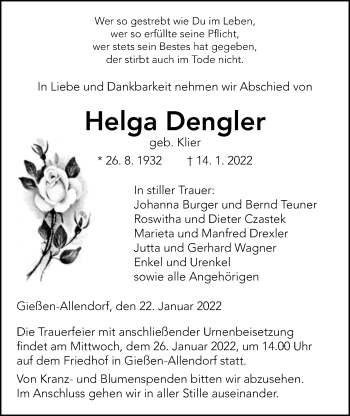Traueranzeige von Helga Dengler von Giessener Allgemeine, Alsfelder Allgemeine