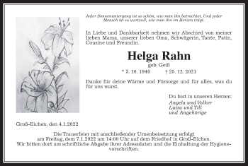 Traueranzeige von Helga Rahn von Giessener Allgemeine, Alsfelder Allgemeine