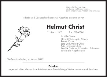 Traueranzeige von Helmut Christ von Giessener Allgemeine, Alsfelder Allgemeine