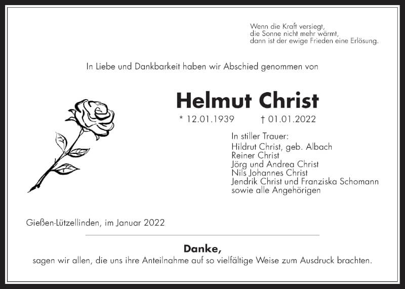  Traueranzeige für Helmut Christ vom 15.01.2022 aus Giessener Allgemeine, Alsfelder Allgemeine