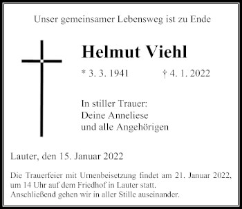 Traueranzeige von Helmut Viehl von Giessener Allgemeine, Alsfelder Allgemeine